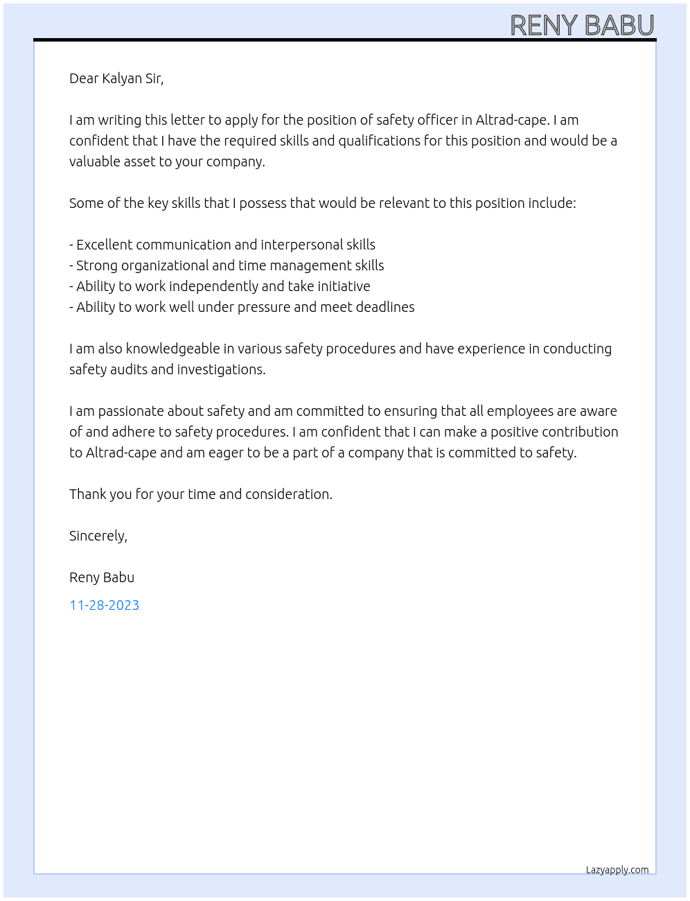 safety officer At Altrad-cape Cover Letter