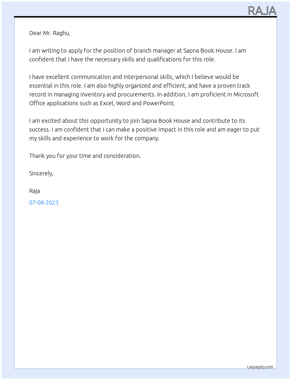 branch manager At Sapna Book House Cover Letter