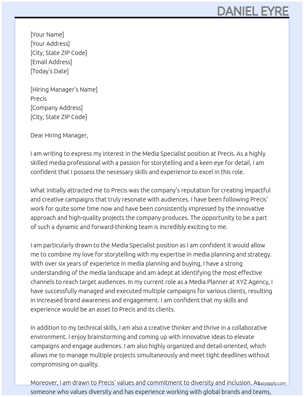 Media Specialist At Precis Cover Letter