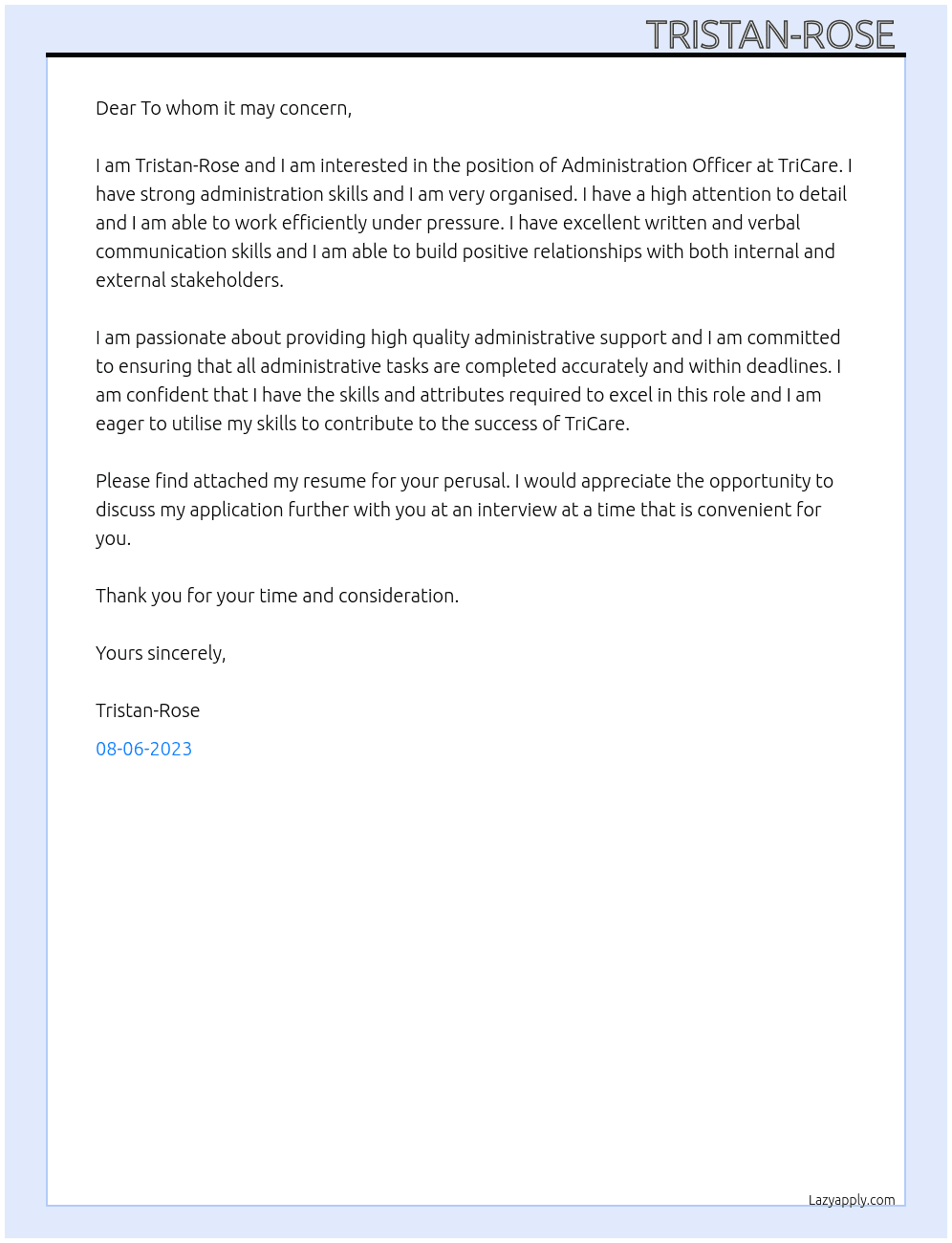 Administration Officer  At TriCare  Cover Letter