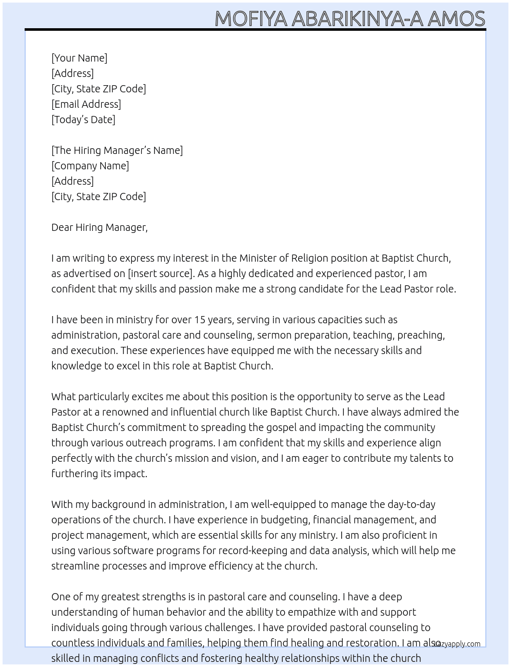Minister of Religion  At Baptist Church  Cover Letter