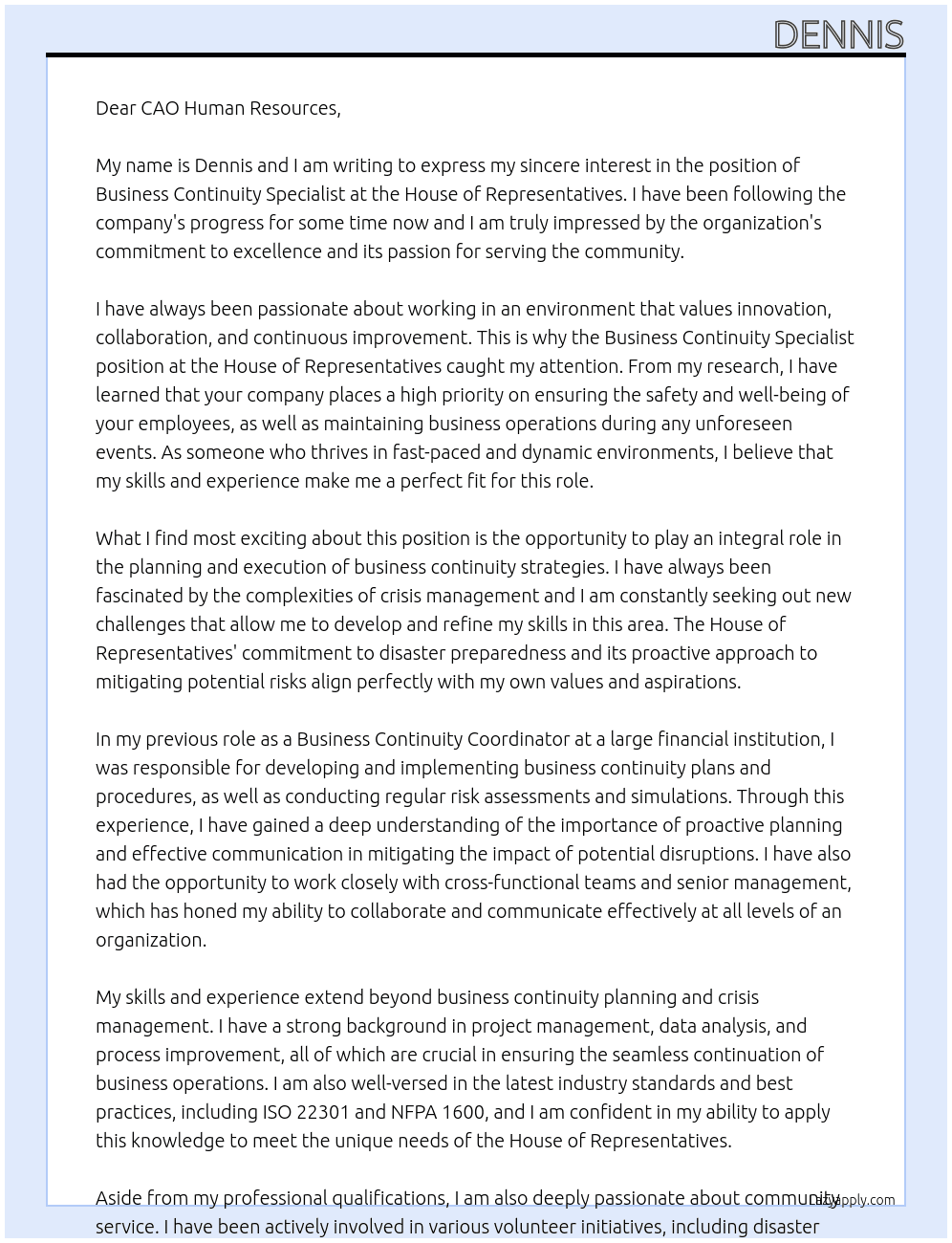 Business Continuity Specialist At House of Representtives Cover Letter