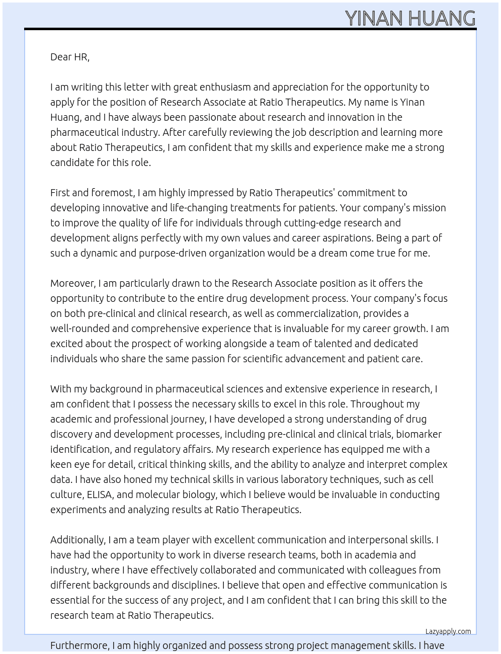 Research Associate At Ratio therapeutics Cover Letter