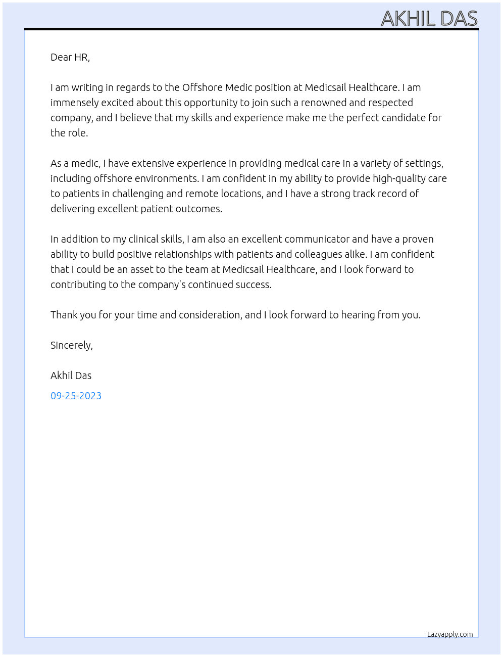 Offshore Medic At Medicsail Healthcare Cover Letter