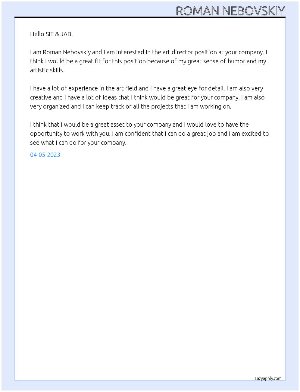 Art director At SIT & JAB Cover Letter