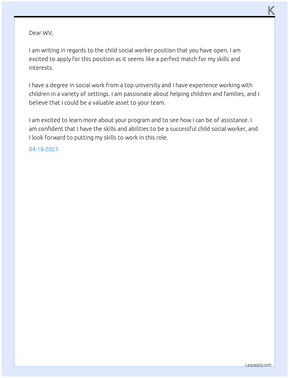 Child social worker  At WV Cover Letter