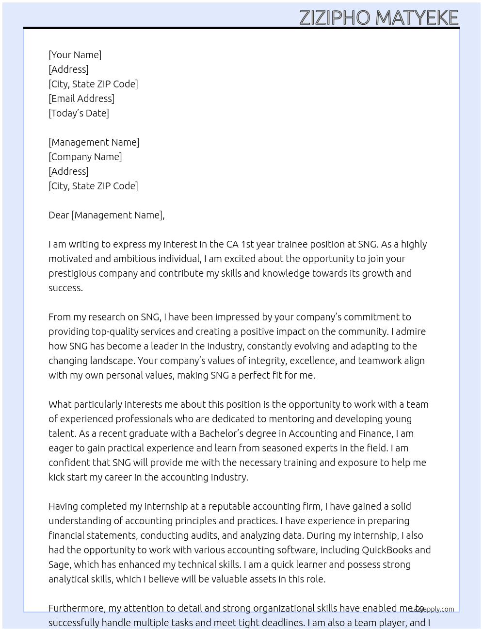 CA 1st year trainee At SNG Cover Letter