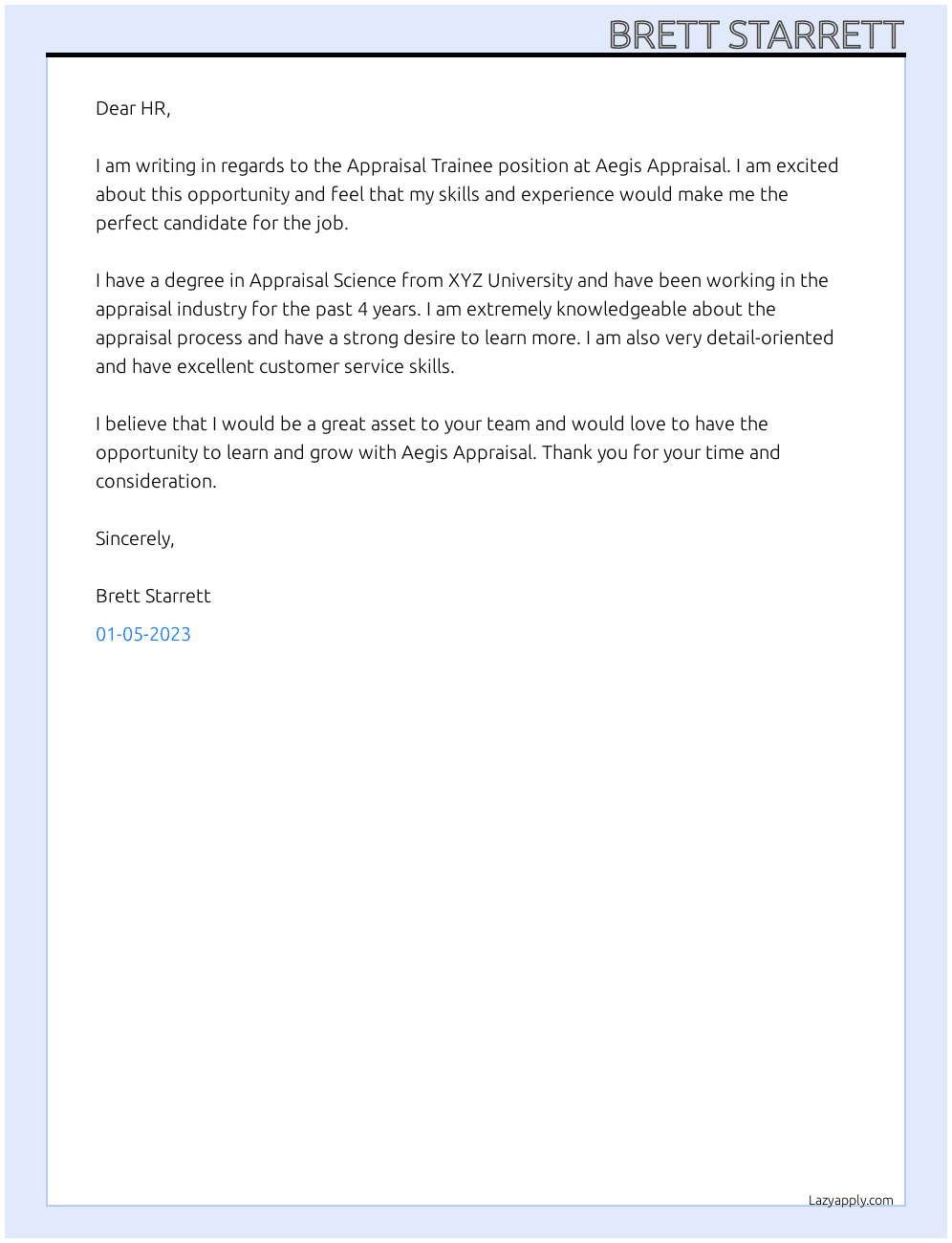 Appraisal Trainee At Aegis Appraisal Cover Letter