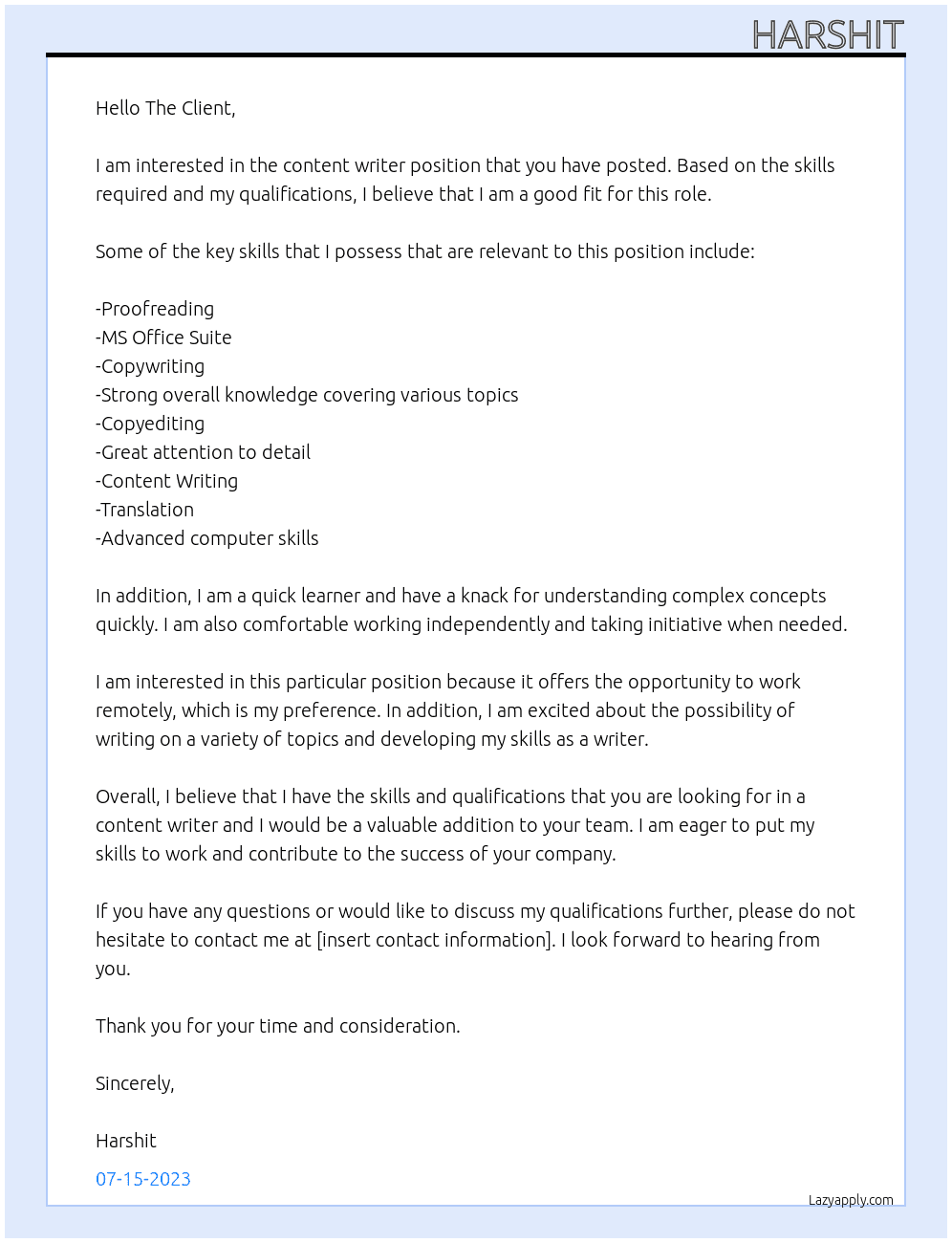 Content Writer At The Client  Cover Letter