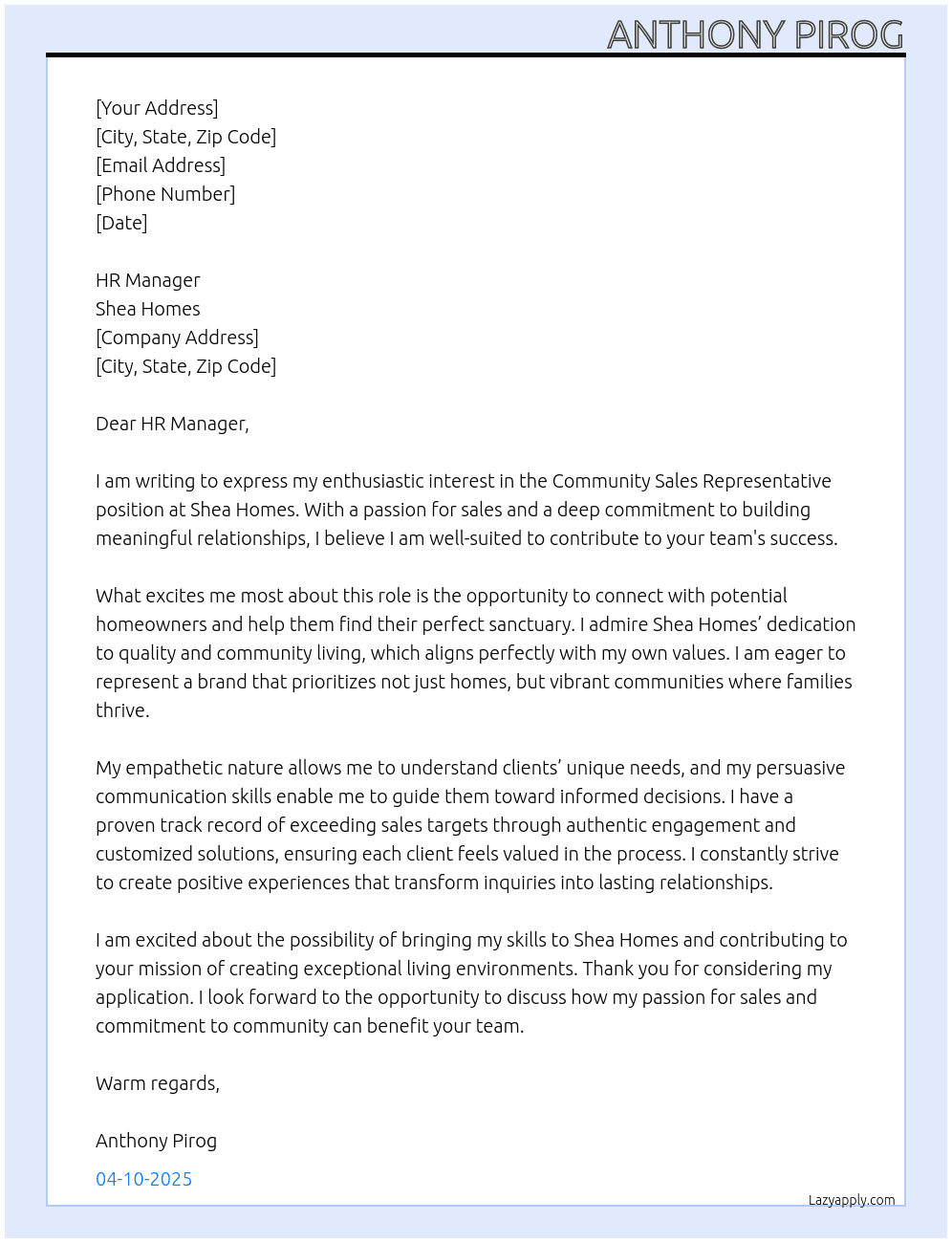 Community Sales Representative At Shea homes Cover Letter