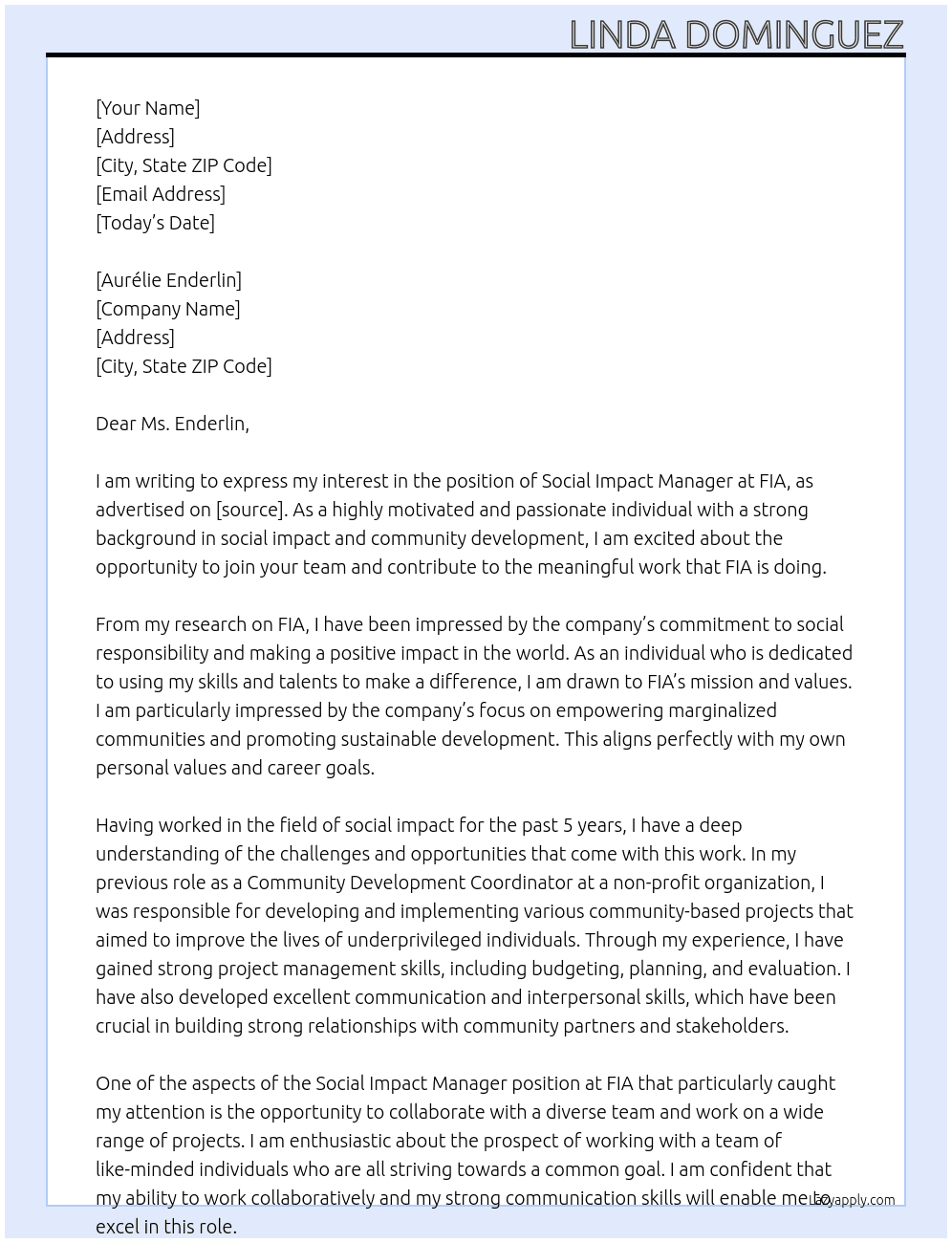 Social Impact Manager At FIA Cover Letter