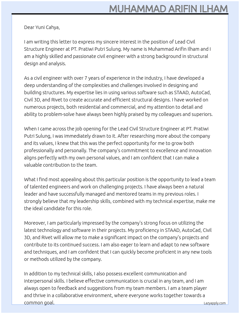 Lead Civil structure enginer  At PT. Pratiwi putri sulung Cover Letter