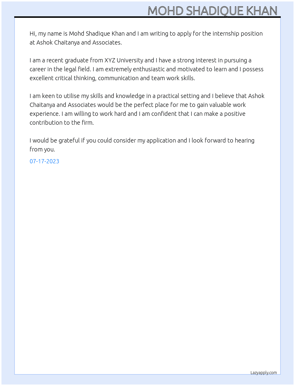 Internship  At Ashok Chaitanya and Associates  Cover Letter