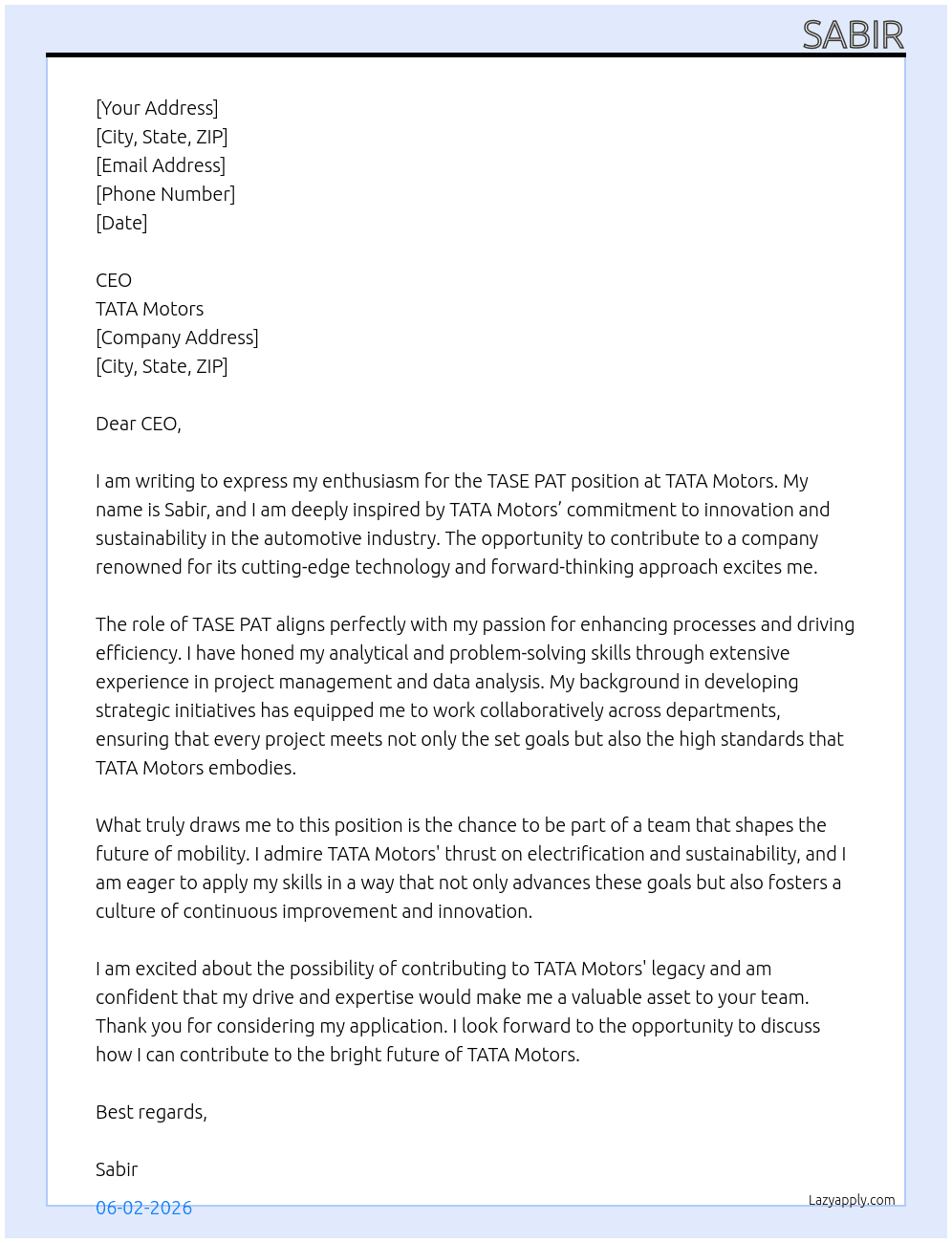 TASE PAT At TATA Motors  Cover Letter