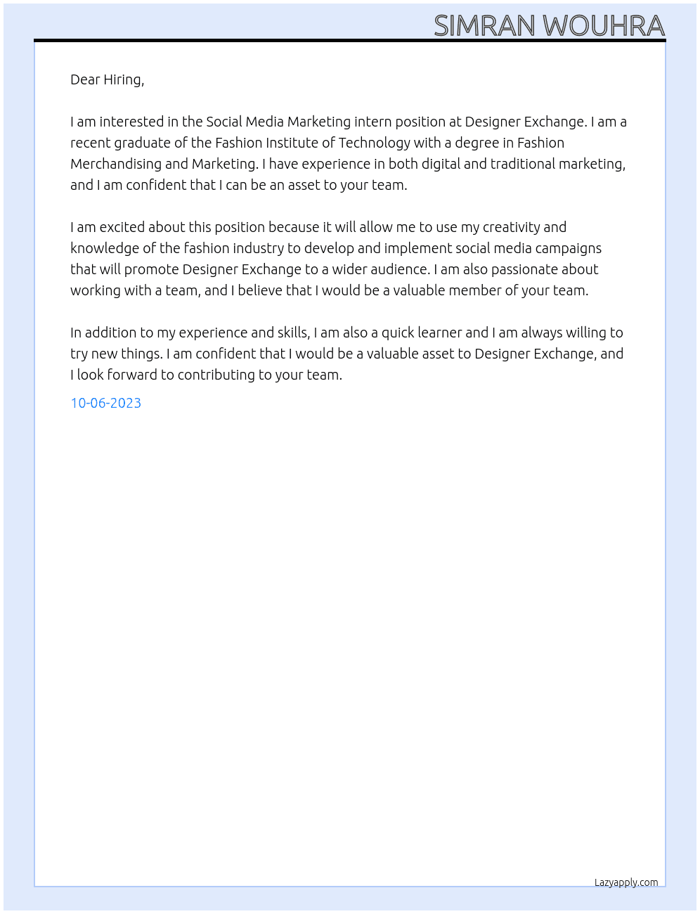 Social media Marketing intern  At Designer Exchange  Cover Letter