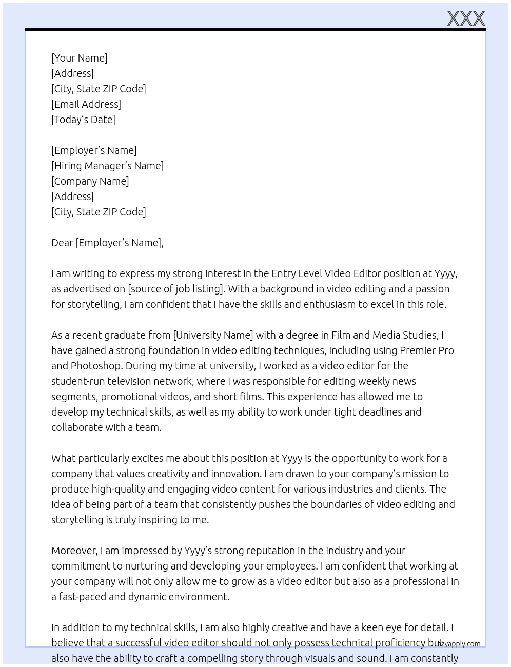 Cover letter for entry level video editor - LazyApply