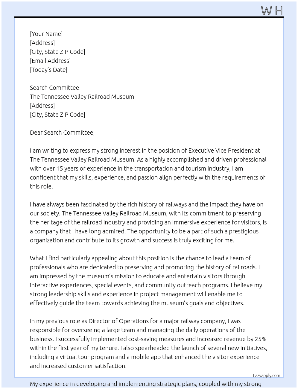 Executive Vice President At The Tennessee Valley Railroad Museum Cover Letter