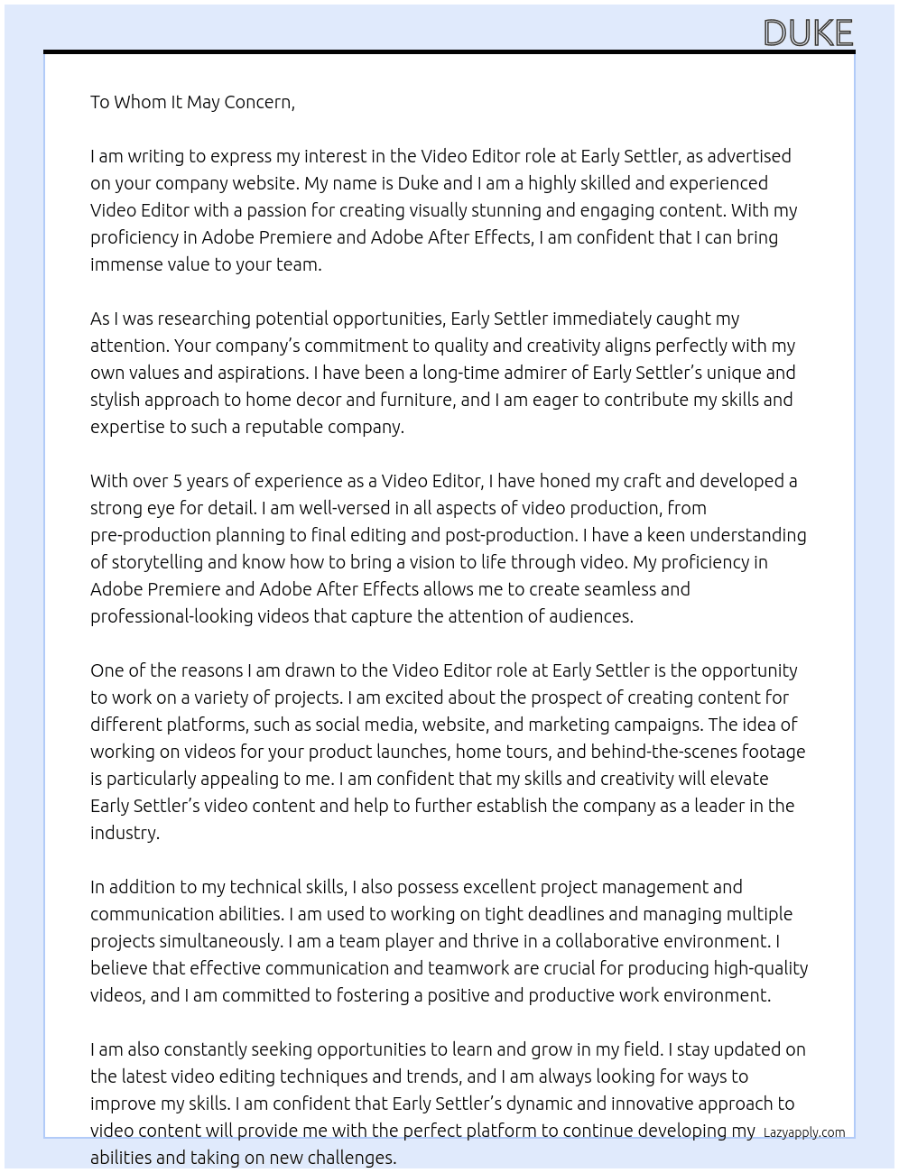 Video Editor At Early Settler Cover Letter