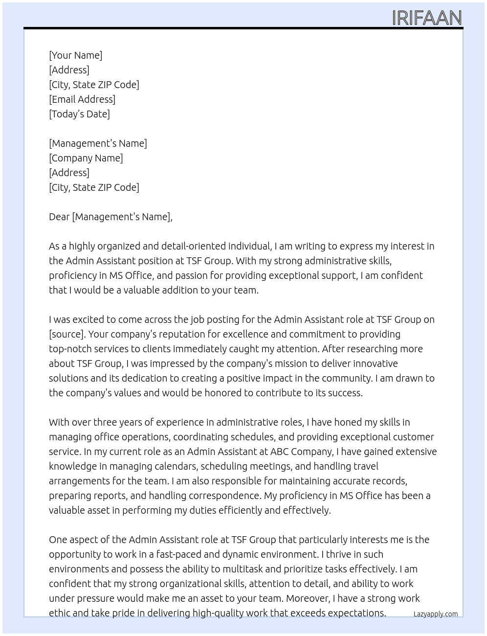 Admin Assistant At TSF Group Cover Letter