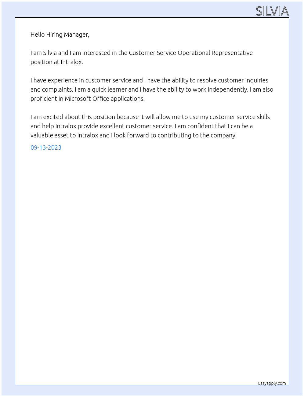 Customer Service Operational Representative At Intralox Cover Letter