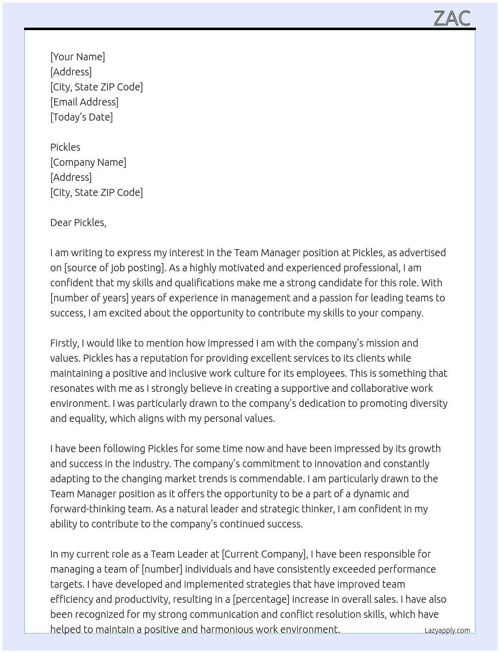 Team manager  At Pickles  Cover Letter