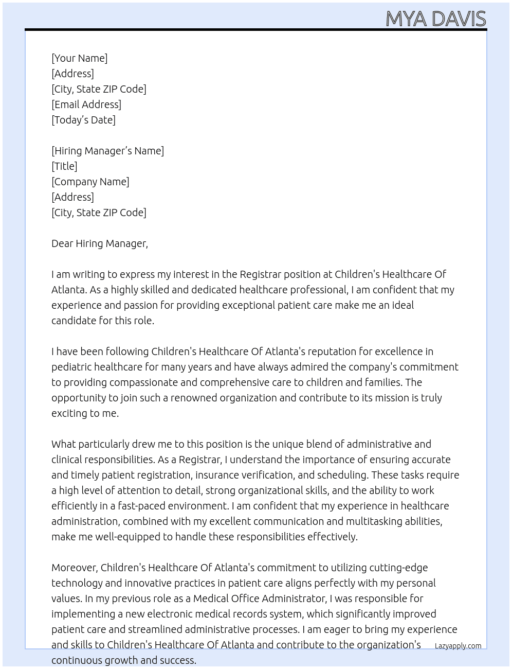 registrar At Children's Healthcare Of Atlanta Cover Letter