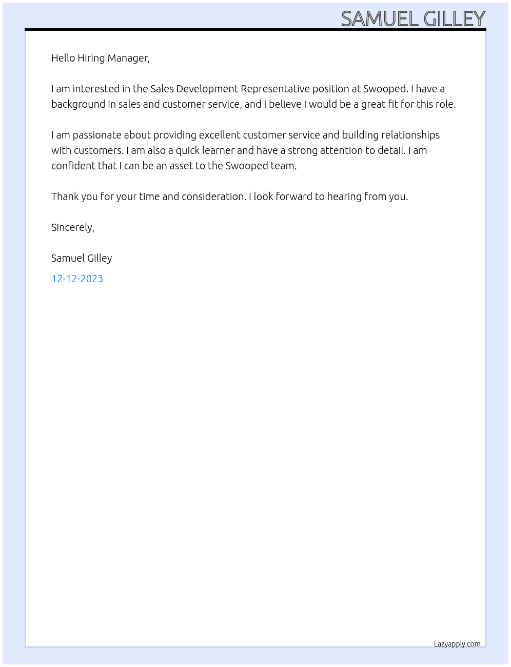 Sales Development Representative  At Swooped Cover Letter