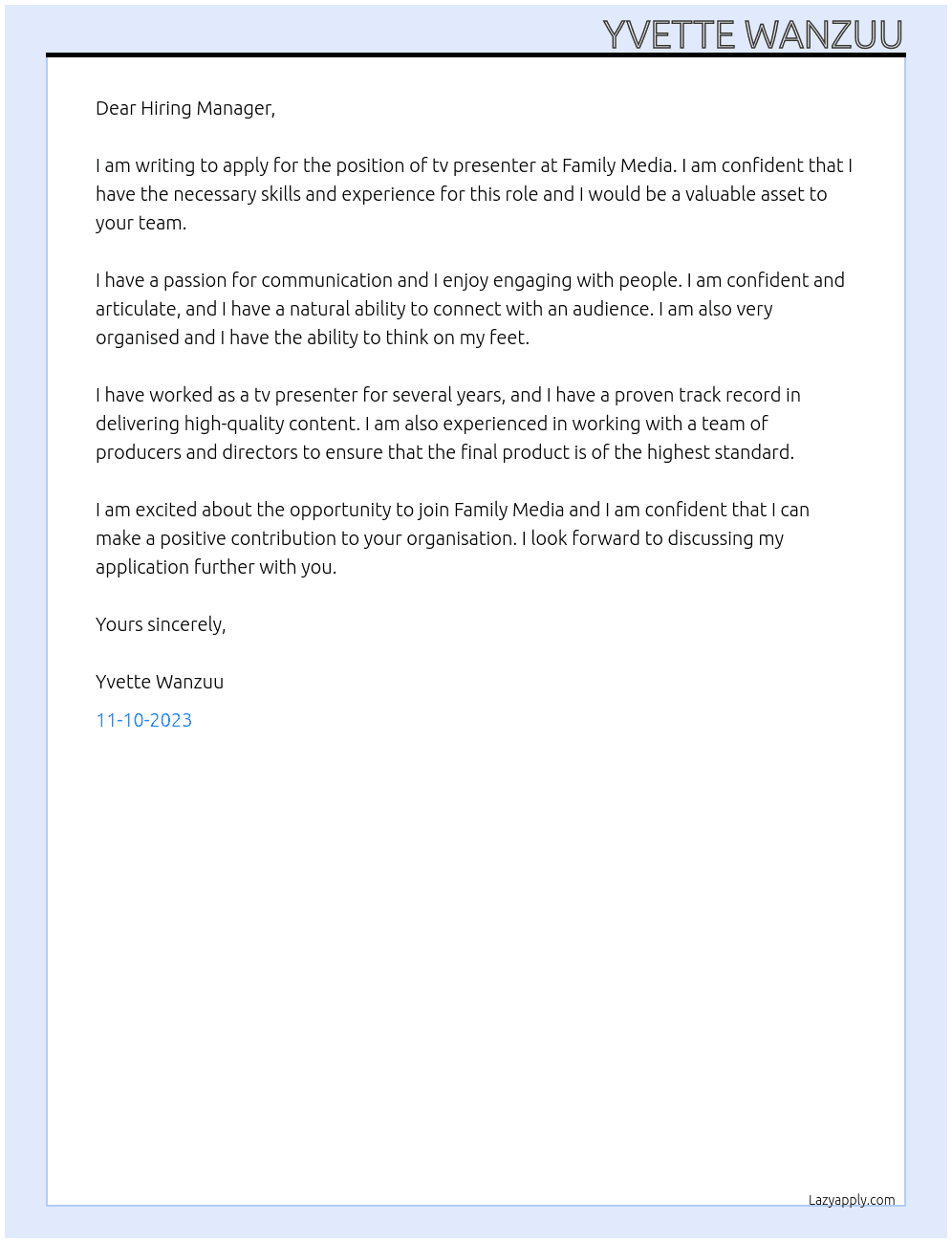 tv presenter At Family Media Cover Letter