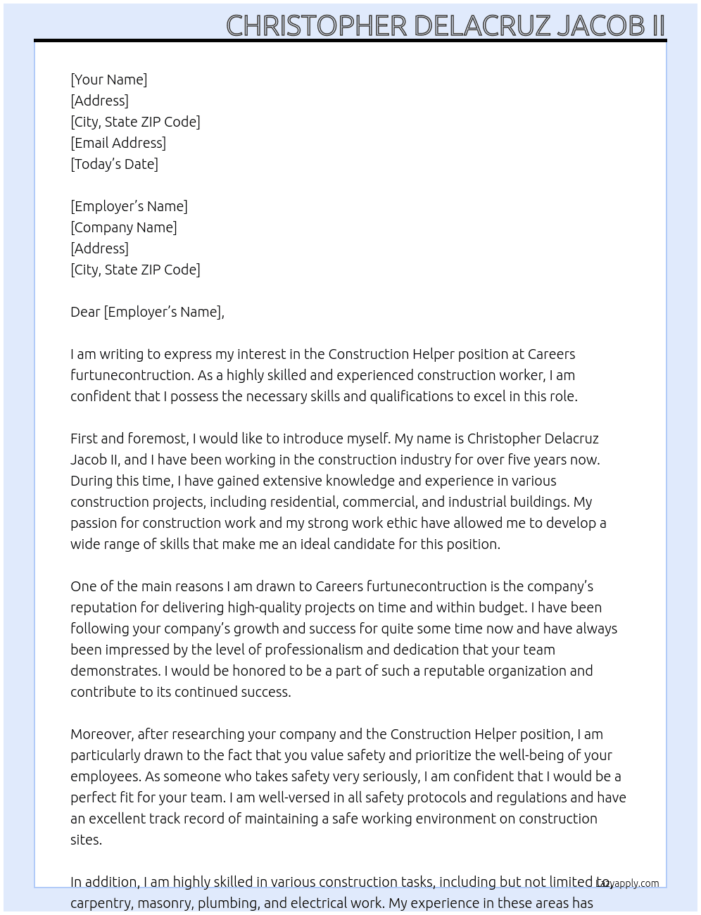 Contruction helper  At Careers furtunecontruction Cover Letter