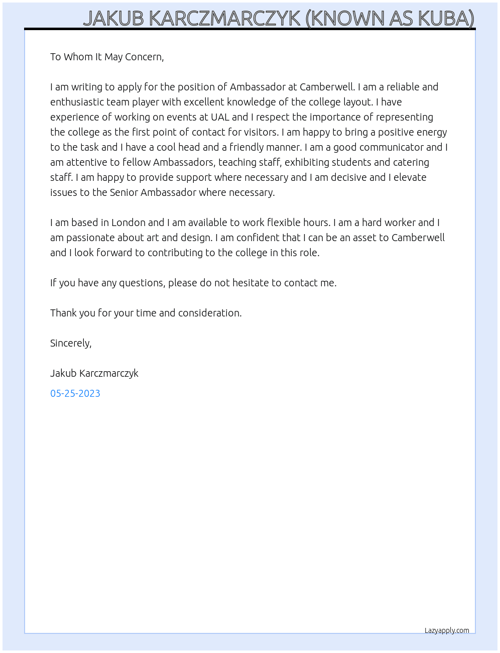 Ambassador: Camberwell At Ambassador: Camberwell Cover Letter