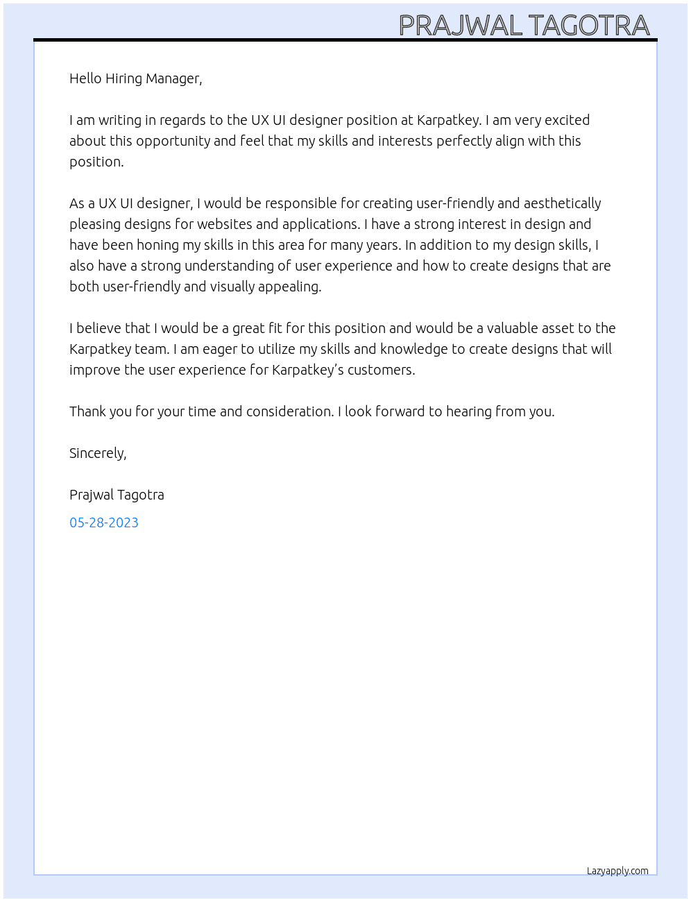 UX UI designer  At Karpatkey  Cover Letter