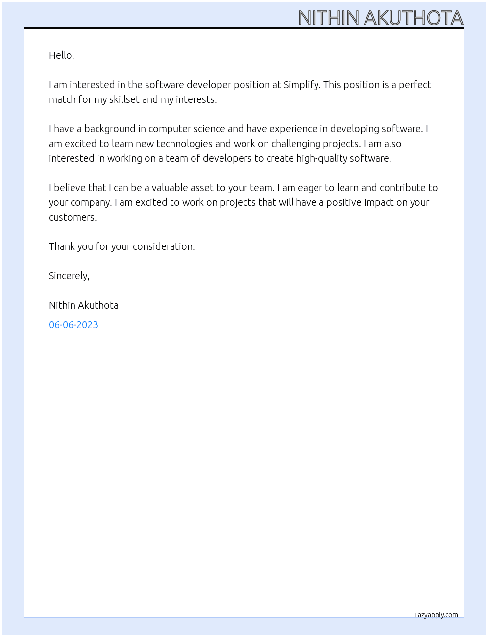 Software developer At Simplify Cover Letter
