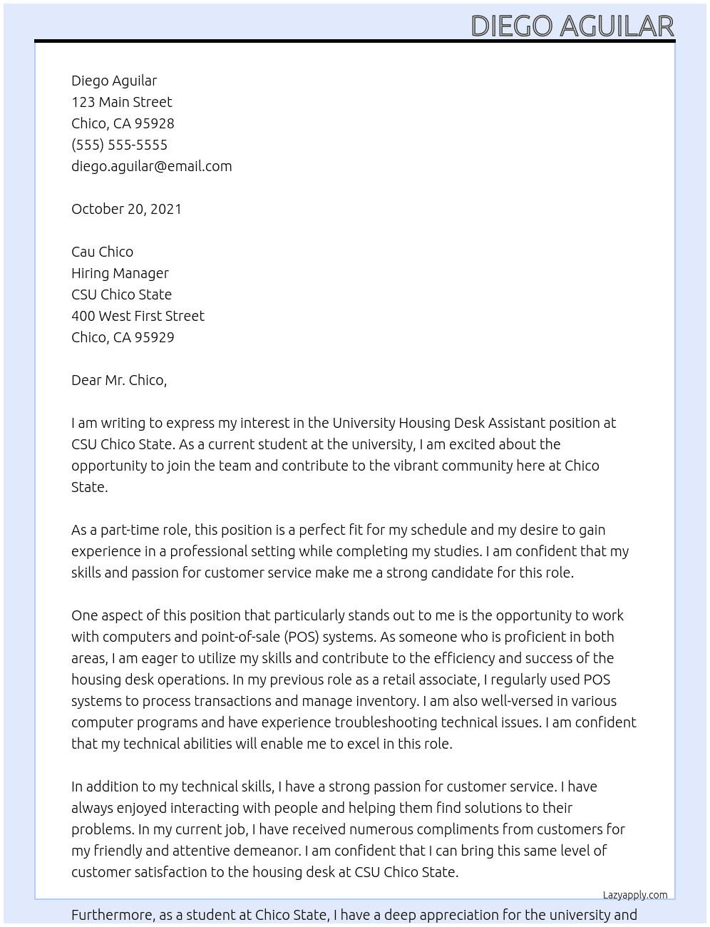 University housing desk assistant  At CSU CHICO STATE Cover Letter