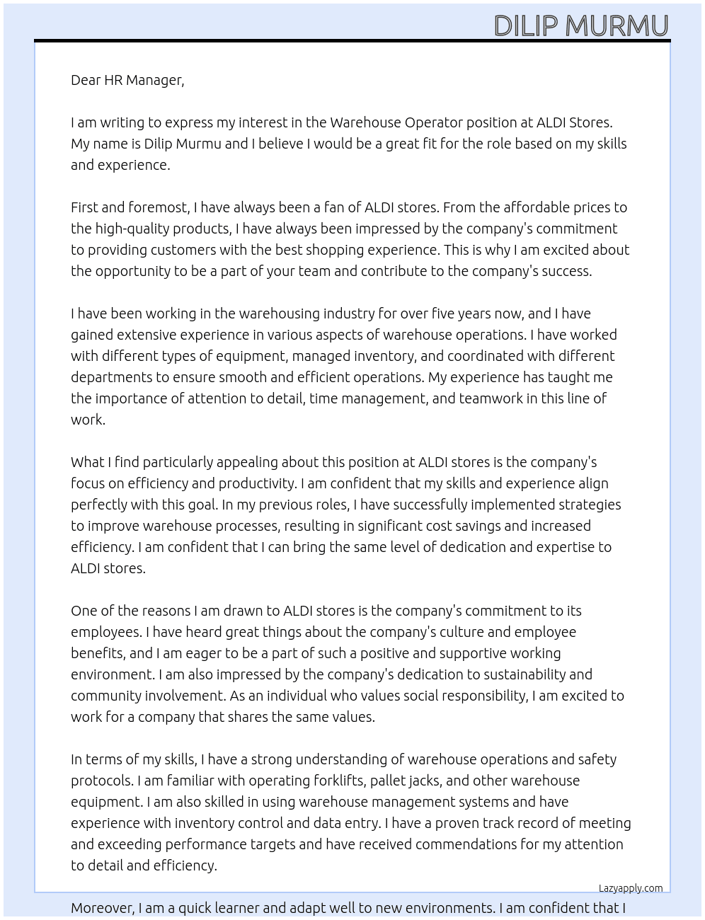 Warehouse Operator  At ALDI stores  Cover Letter