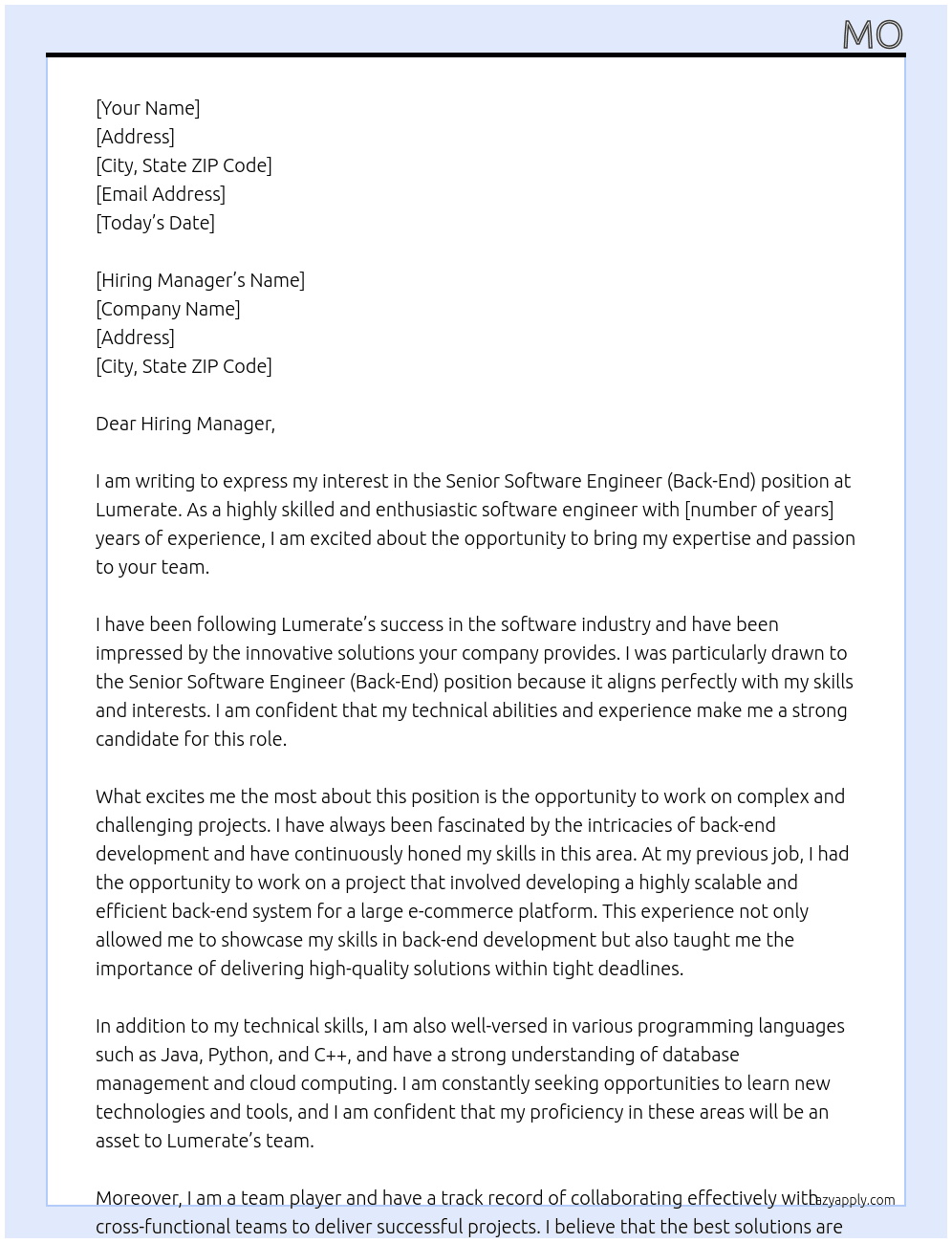 Senior Software Engineer (Back-End) At Lumerate Cover Letter