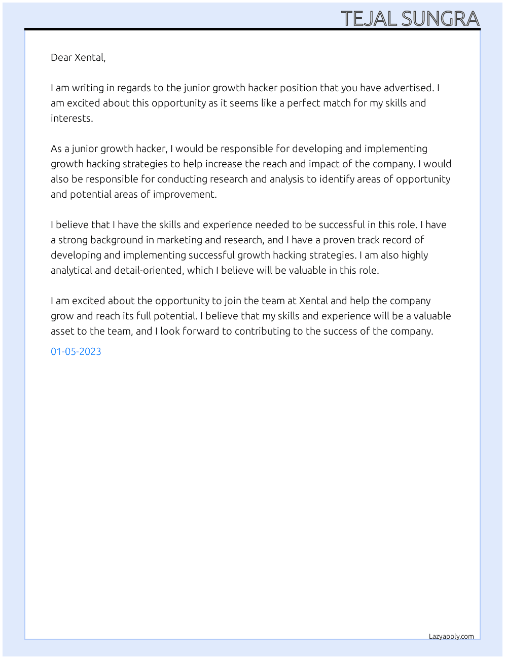 junior growth hacker At Xental Cover Letter