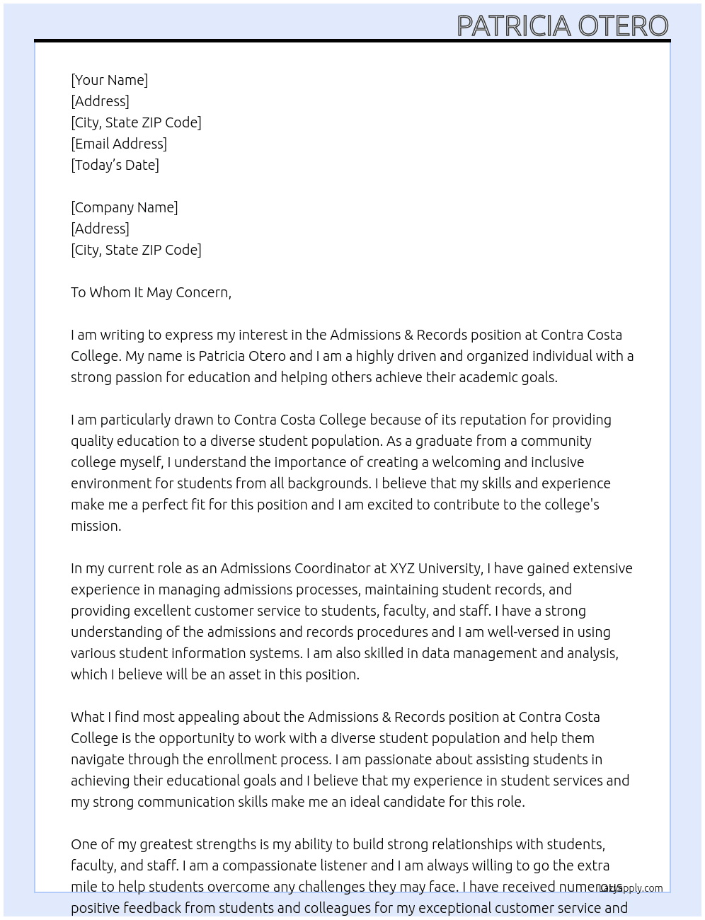 Admissions & Records At Contra Costa College Cover Letter