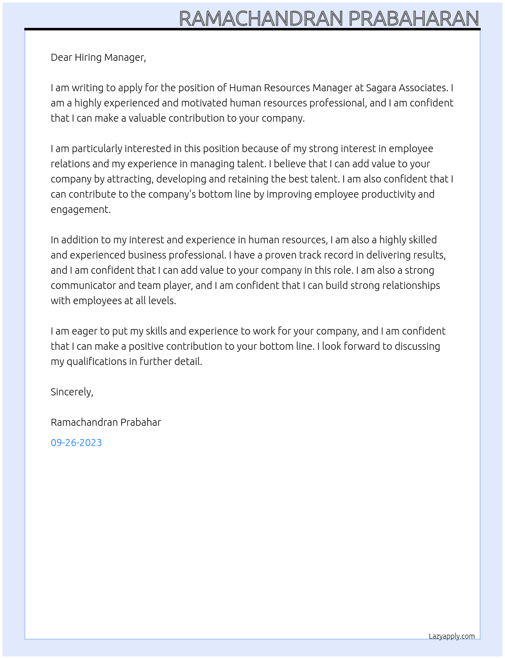 human resources manager At sagara associate Cover Letter