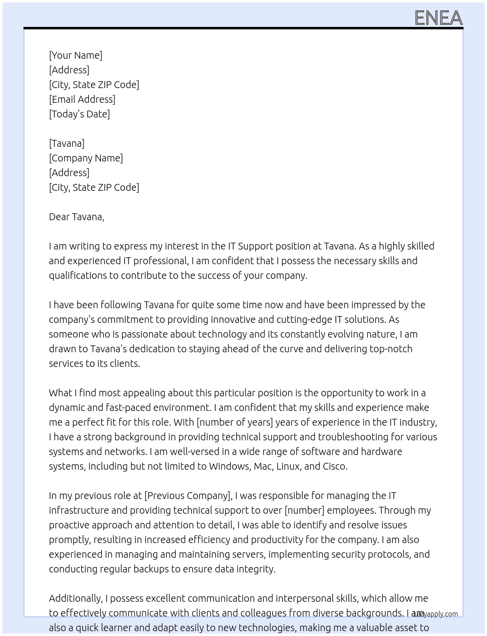 IT support At Tavana Cover Letter