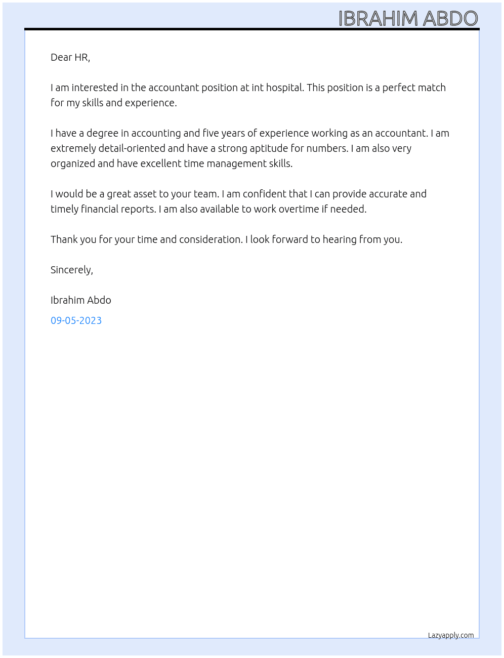 accountant At int hospital Cover Letter
