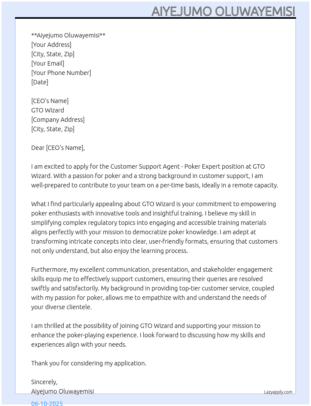 Customer support agent poker expert  At GTO wizard Cover Letter