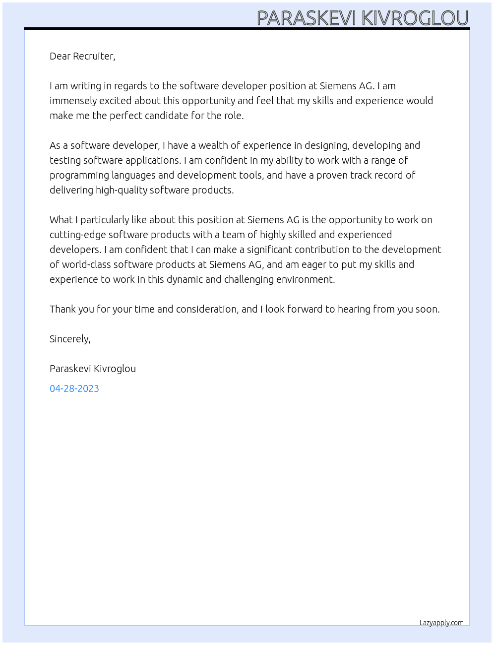 Software Developer At Siemens AG Cover Letter