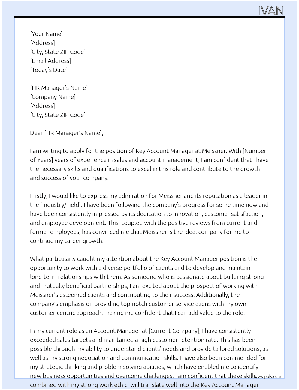 Key Account Manager At Meissner Cover Letter