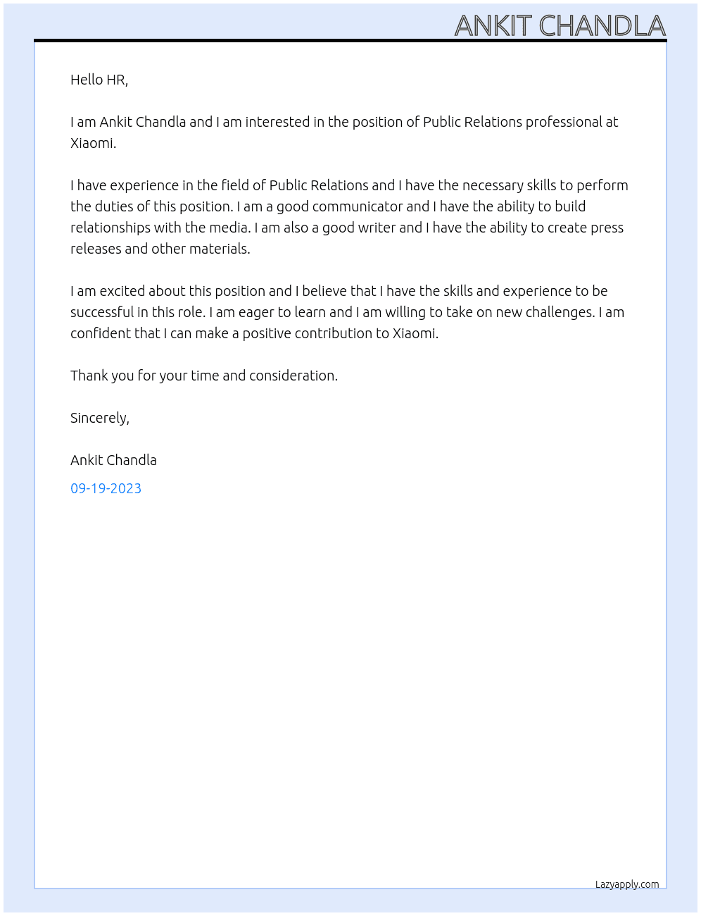 Public Relations professional  At Xiaomi Cover Letter