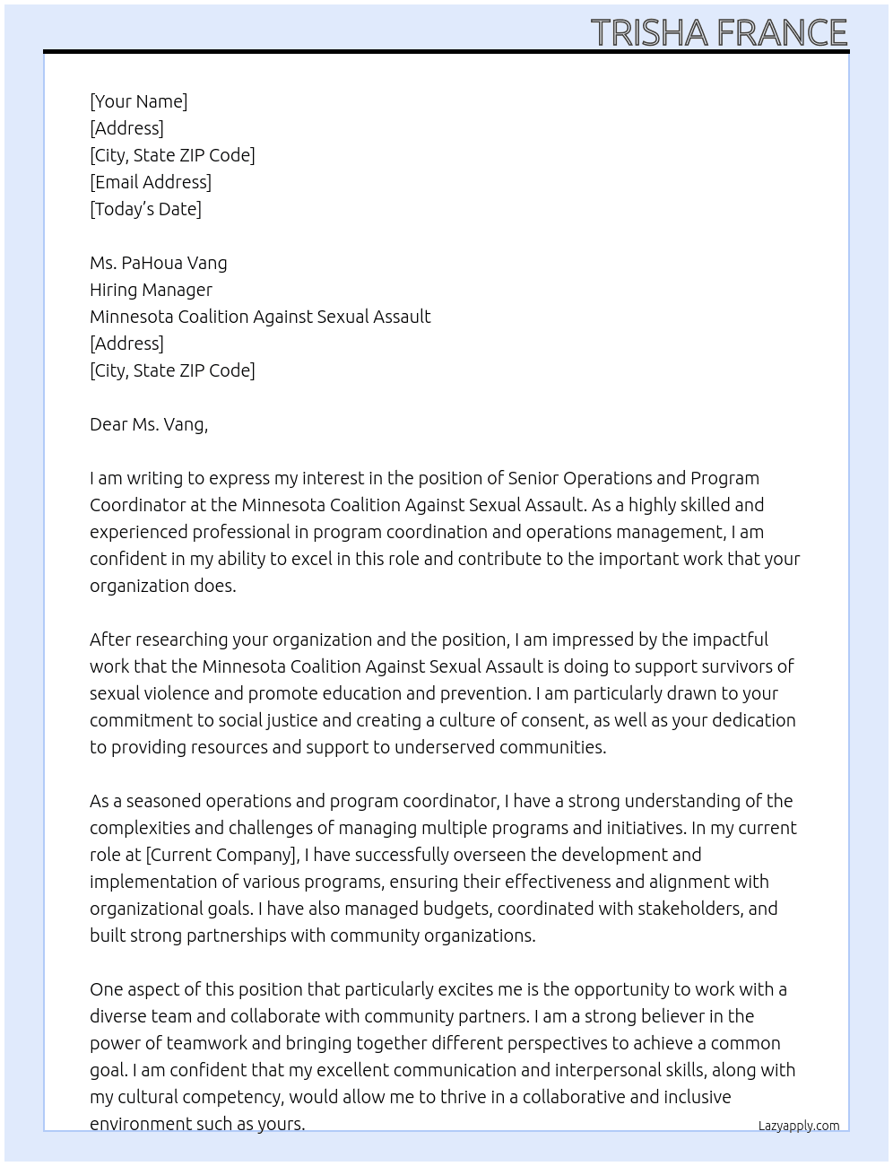 Senior Operations and Program Coordinator At Minnesota Coalition Against Sexual Assault Cover Letter