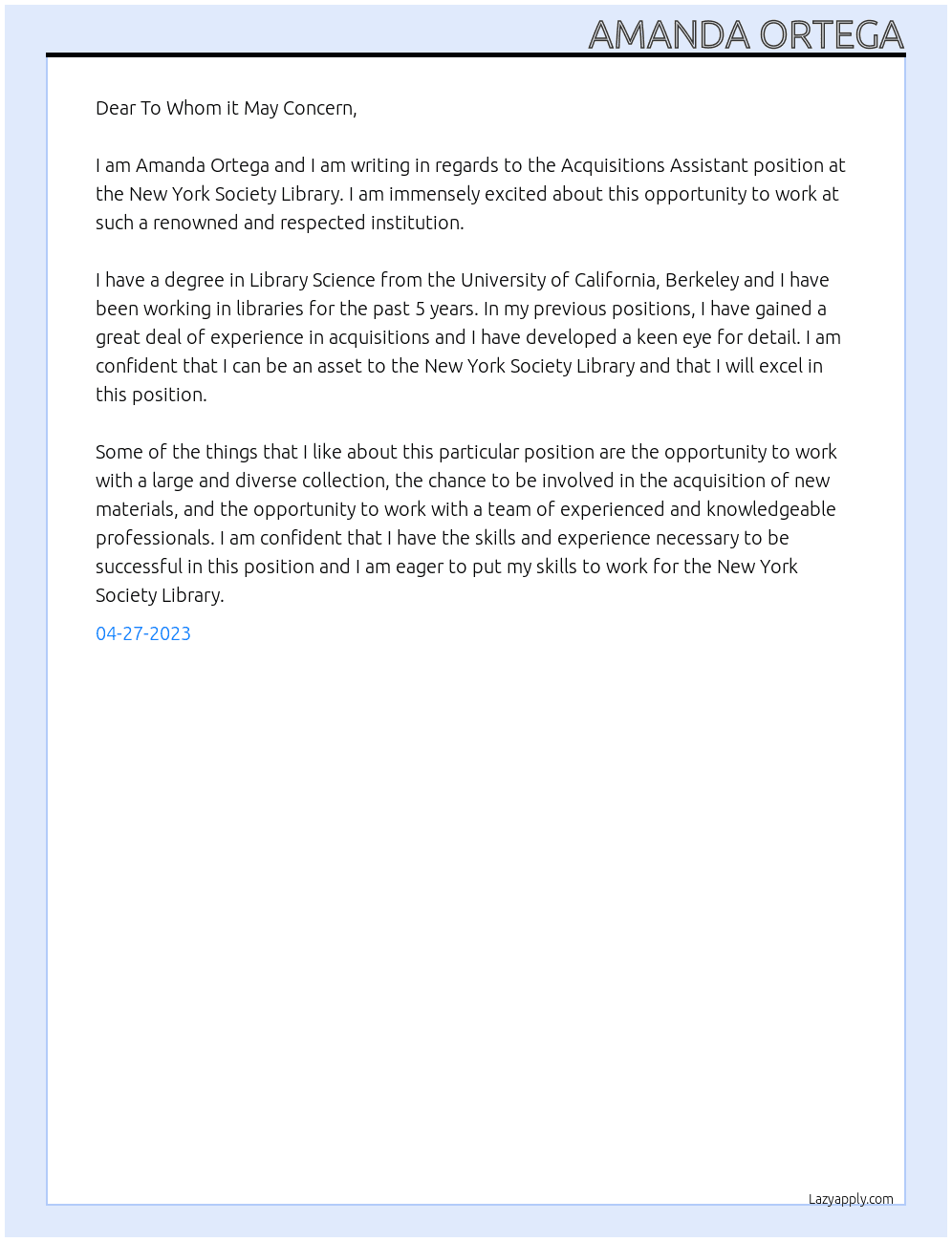 Acquisitions Assistant At New York Society Library Cover Letter