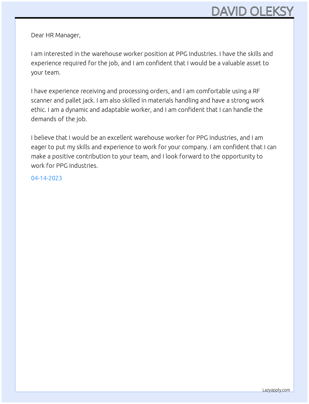 Warehouse Worker At PPG Industries Cover Letter