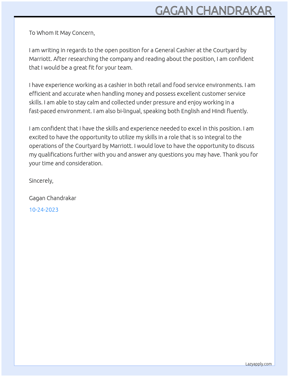 General cashier  At Courtyard by Marriott  Cover Letter