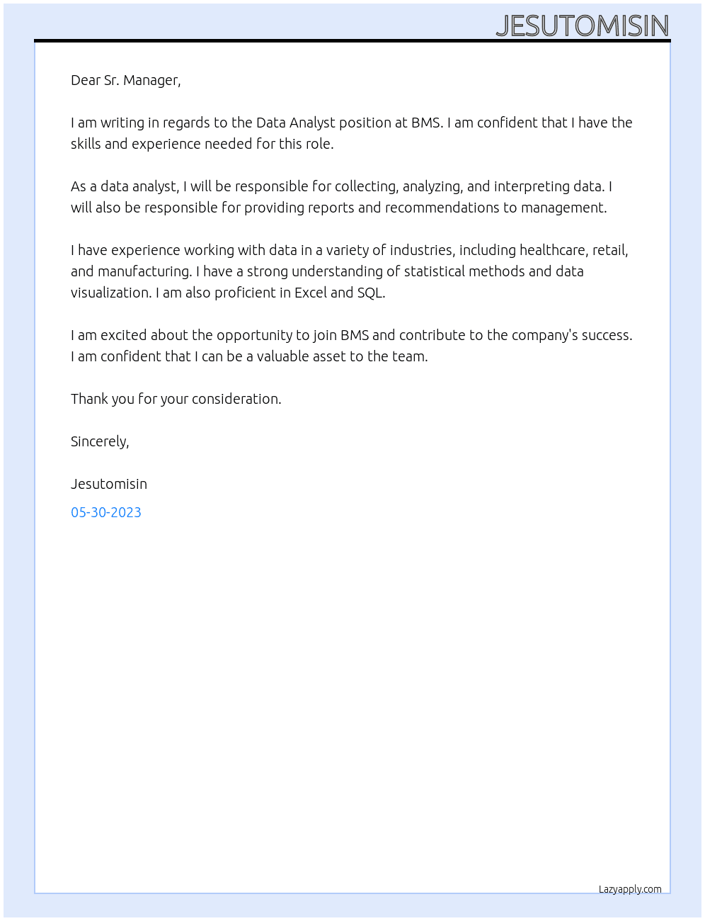 data analyst At bms Cover Letter