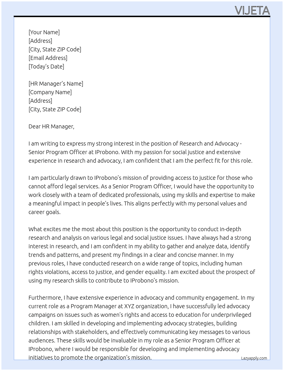 Research and Advocacy - Senior Program Officer At IProbono Cover Letter
